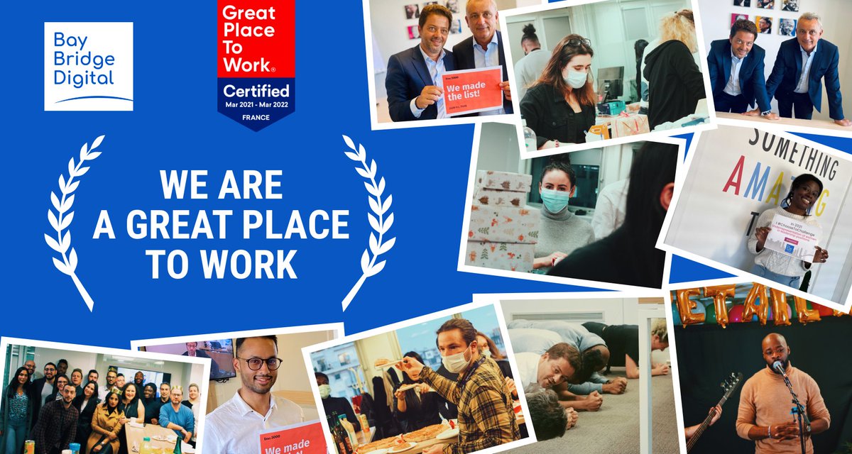 BBridgeDigital's tweet photo. We are very excited and proud to announce that #BayBridgeDigital has been certified a #GreatPlacetoWork This is a recognition of our journey, which aims to keep our people the core of our company.
Thanks to all our teams for their passion, and dedication that make us @GPTW_FRANCE https://t.co/bgjm88mKUM