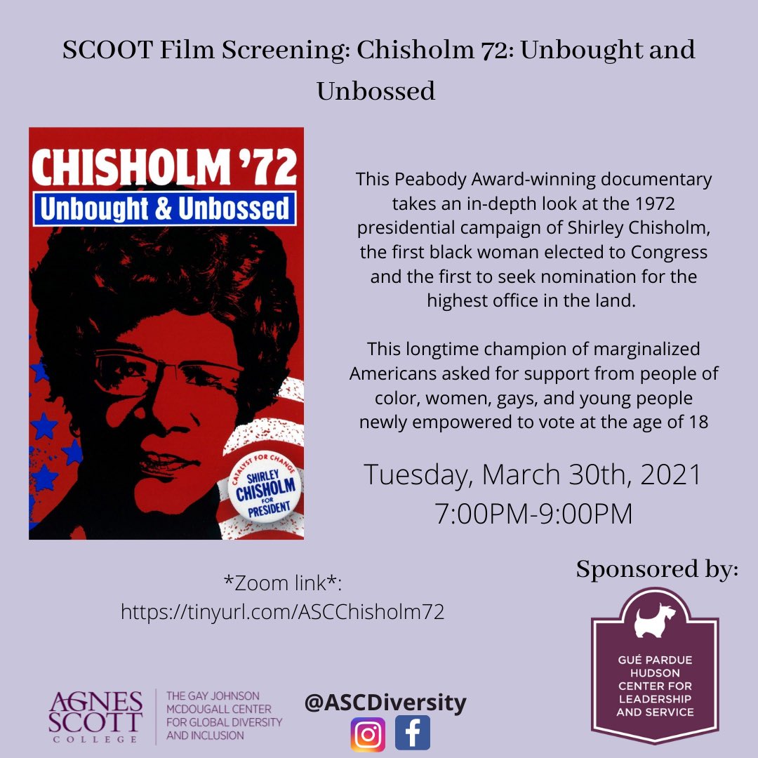 ASCDiversity's tweet photo. Join us to watch this Peabody Award-winning documentary takes an in-depth look at the 1972 presidential campaign of Shirley Chisholm, the first black woman elected to Congress and the first to seek nomination for the highest office in the land. https://t.co/AgwkNwU1bq