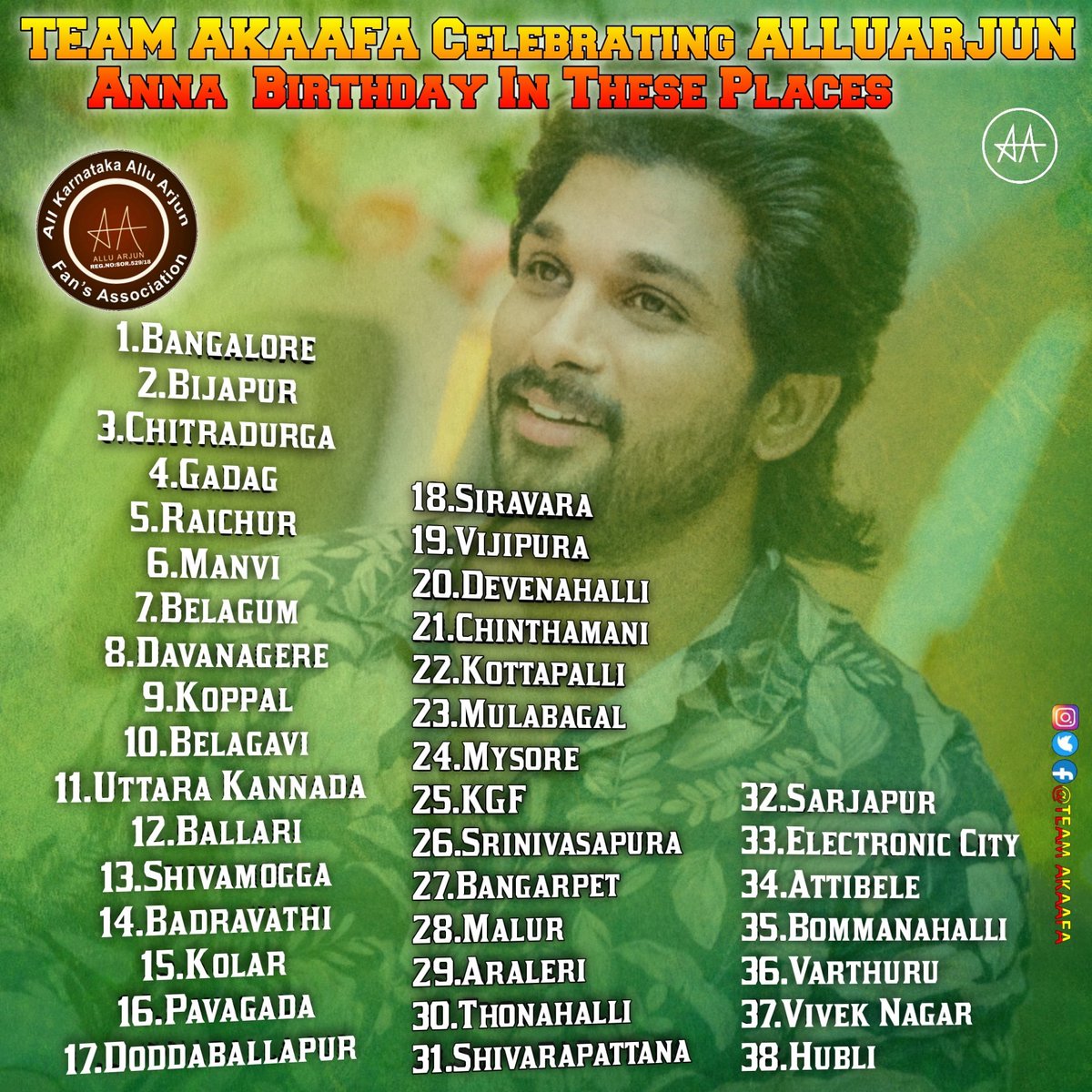 AlluArjunHCF's tweet photo. #AlluArjun Birthday Celebrations By Team AKAAFA.

@Team_AKAAFA Planning Events At 38 Different Places In Karnataka.🔥
Grand Celebration In Bangalore💥

#AlluArjunBdayCelebrations2021
#Pushpa @alluarjun https://t.co/gRcReEPXdP