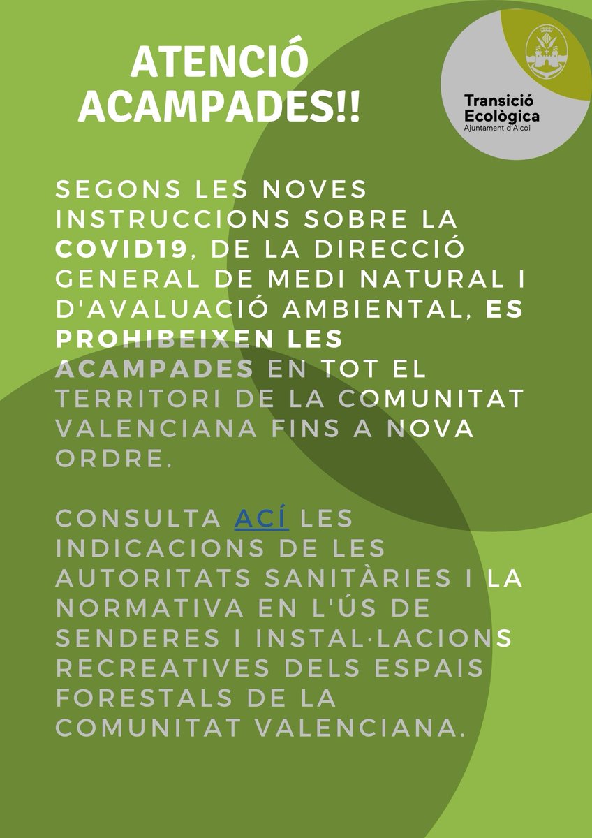 AlcoiMedi's tweet photo. 📣Us recordem que, segons les instruccions sobre la #COVID19, de la Direcció General de Medi Natural i d'Avaluació Ambiental, estan prohibides les acampades ❌⛺️❌en tot el territori de la Comunitat Valenciana fins a nova ordre.
Tota la informació en 👇👇
https://t.co/gVQW3u0J21 https://t.co/OugtaT8iS5