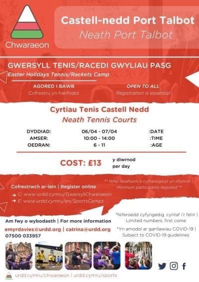 Neath Tennis/Tenis Castell-Nedd (@neathnedd) on Twitter photo The Urdd are holding a tennis camp for children aged 6-11 at the courts on Dyfed Road on the 6th and 7th of April. Details below. Email emyrdavies@urdd.org or catrina@urdd.org for more information and bookings. The Urdd are holding a tennis camp for children aged 6-11 at the courts on Dyfed Road on the 6th and 7th of April. Details below. Email emyrdavies@urdd.org or catrina@urdd.org for more information and bookings.
