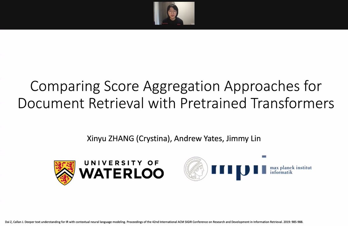 2021Ecir's tweet photo. @2021ecir Comparing Score Aggregation Approaches for Pretrained Neural Language Models
Now on #Session3A #NeuralIR
Chair Fabrizio Silvestri @fabreetseo
#ECIR2021 https://t.co/IQ5yAlqnal