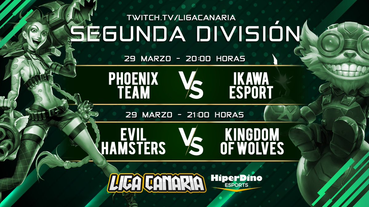 LigaCanaria's tweet photo. Lunes con L de League of Legends 🗓️ #LigaCanariaHD
Hoy nuevo encuentro de segunda división con @Rudegar y @Janier999 ⬇
20h - #PHOENIXTEAM 🆚 @ikawa_esport
21h - @ehamstersclub 🆚 #KINGDOMOFWOLVES
En https://t.co/JTvrVR2zMT https://t.co/d7eAkILA7v