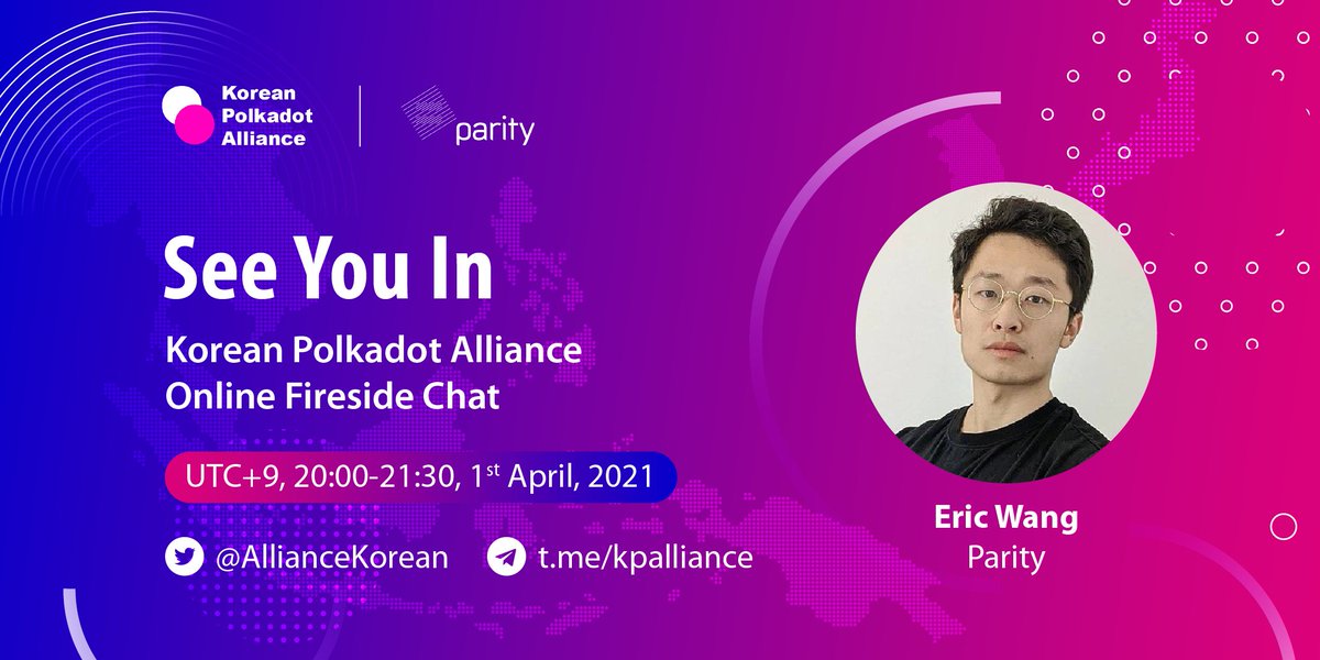 KPAlliance's tweet photo. Eric Wang from Parity @ParityTech will be one of our guests to join our first online fireside chat this Thursday. Comment your questions and #KRPolkadotAlliance, we will select 5 questions under each of our guest's introduction posts and 1 $DOT will be rewarded to selected users! https://t.co/YShTX1jUkB