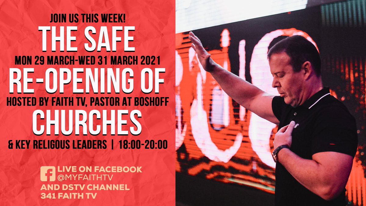glennschroder's tweet photo. THE SAFE RE-OPENING OF CHURCHES!
Join LIVE TONIGHT on @MyFaithTv tonight at 18:00- 20:00 hosted by Pastor @AtBoshoff and @MyFaithTv, with Dr. Andre & Jenny Roebert and other key religious leaders!
#ChurchesMustOpen
#YourSafetyIsOurPriority
#EverySeatHasAStory
#Restoration2021 https://t.co/3FMhVrIFVC