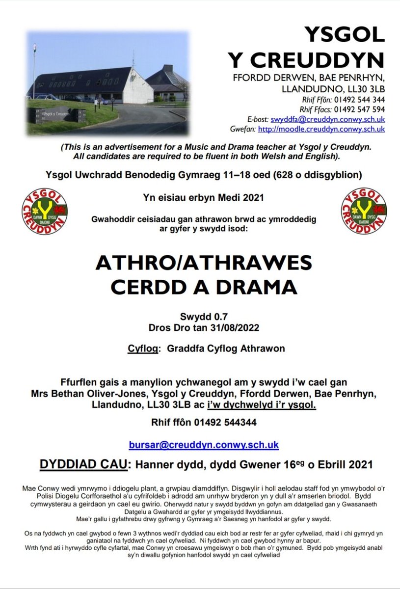 Rydym yn croesawu ceisiadau gan athrawon brwd ac ymroddedig i ymuno â chyfadran llewyrchus <a href="/CreuCerddDrama/">Cerdd a Drama Creuddyn</a> #YsgolyCreuddyn (Swydd dros dro,  0.7)