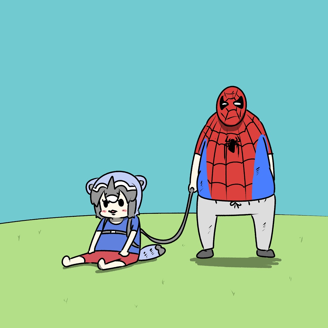 「デブのスパイダーマン
アライグマの散歩をする 」|Mr.Aのイラスト
