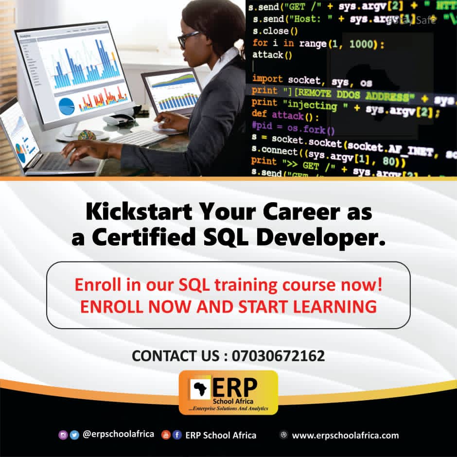 erpschoolafrica's tweet photo. Kickstart your career as a Certified SQL Developer today!
Learn everything you need to become a SQL Genius.
Get started now!
Call: 07030672162 to enroll and start learning.
#erpschoolafrica #everythingsql #sql #structuredquerylanguage https://t.co/S7bWdDjGl4