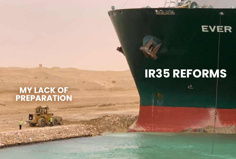 Exchequer_CH's tweet photo. IR35 reforms got you feeling stuck? 🚢

Don't worry, we're here to help! If you need any advice before the changes come into force next Tuesday 6th of April, just get in touch with our team! 👉 https://t.co/tztsmGFBsw

#suezcanal #suezcanalmemes #IR35reforms https://t.co/M1dKf2hzXG
