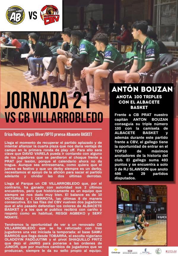 AlbaceteBasket's tweet photo. El baloncesto no cesa en el pabellón del parque!! 😱 Este miércoles tenemos derbi: @AlbaceteBasket 🆚 @CBVillarrobledo 

Ya tenéis la previa con todos los detalles👇🏼 Además, felicitar a @Bouzan7 que anotó el triple número 100 con el equipo 💚
#GreenLove #Ruidoparqueruido https://t.co/gHx5D0H2Nd