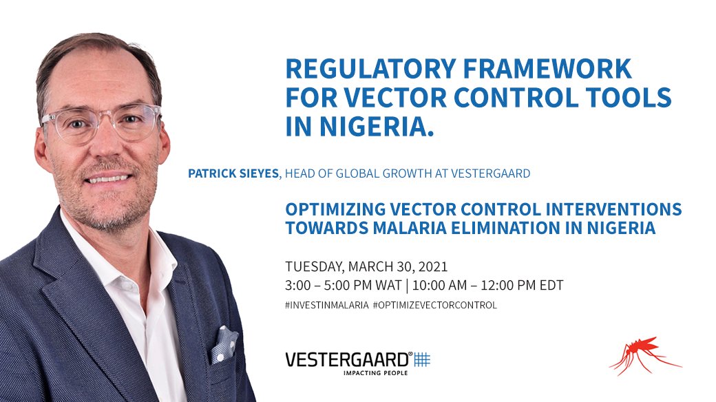 vestergaard's tweet photo. Patrick Sieyes, Head of Global Growth and Advocacy at Vestergaard is set to discuss the Private Sector Perspective: the Regulatory Framework for Vector Control Tools in Nigeria. Register here: https://t.co/Sh3iYdyIPD #OptimizeVectorControl #InvestInMalaria https://t.co/BxlSCnv30O