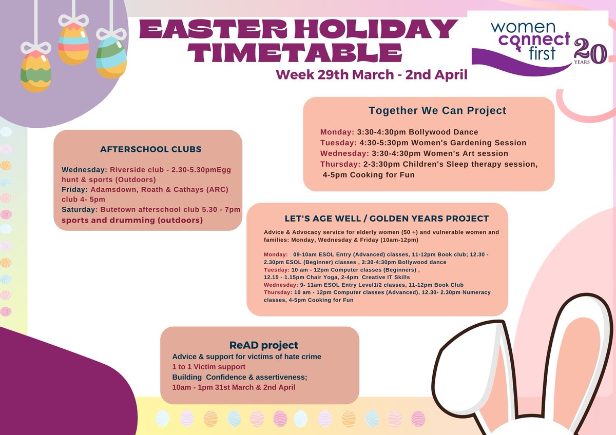 Women_CF's tweet photo. Hope everyone's having a good Easter break! Please have a look at our Easter timetable below! Hope to see you there!
#letsagewell #goldenyears #TogetherWeCan #readproject #afterschoolclub https://t.co/kHBmXLFPyL