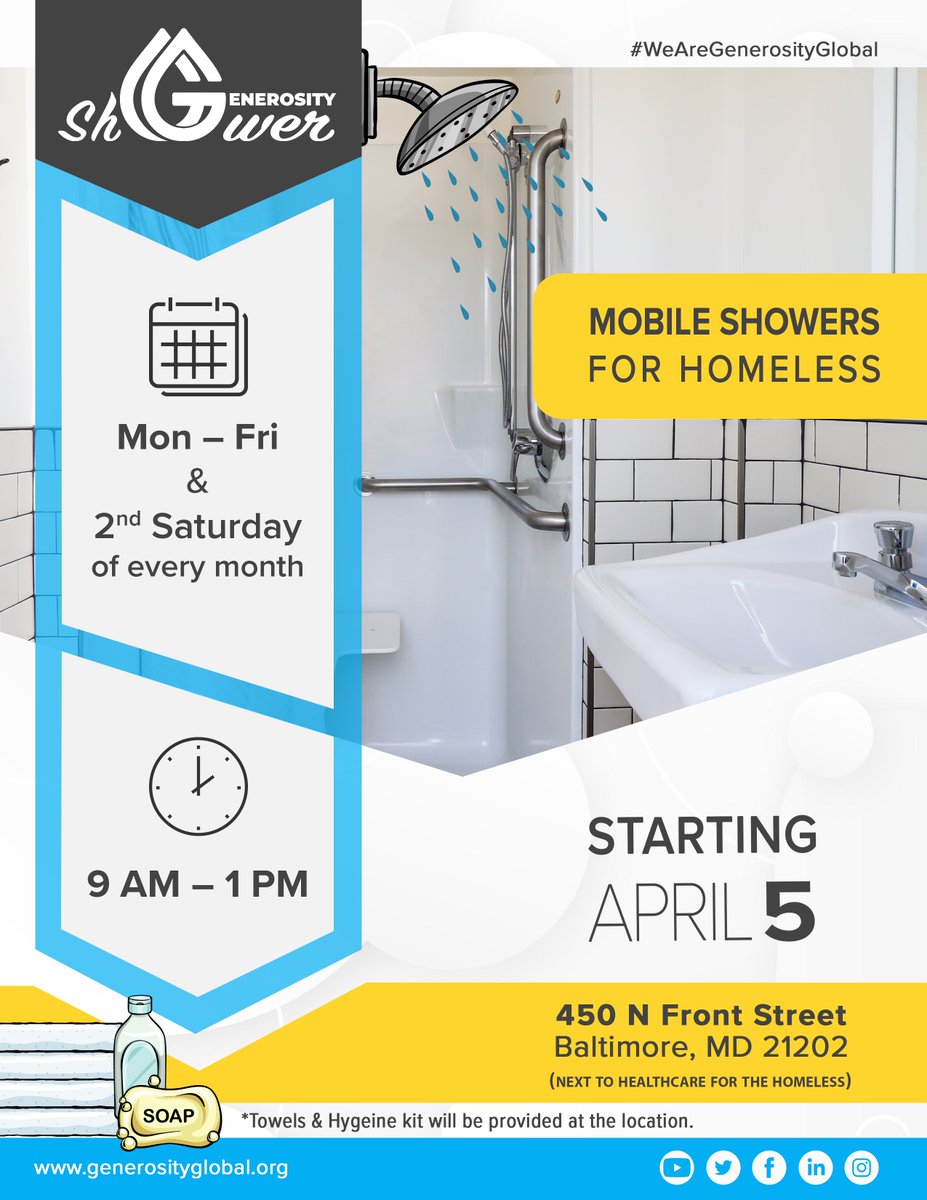 BaltimoreMOHS's tweet photo. Starting next Monday, our partners @GenerosityGloba will have mobile showers available for neighbors experiencing homelessness. Showers will be located at 450 N Front St, next to @hchomeless. Click here to see the impact of a shower: https://t.co/fcNVydbUcX. https://t.co/LK5hl4Y7US