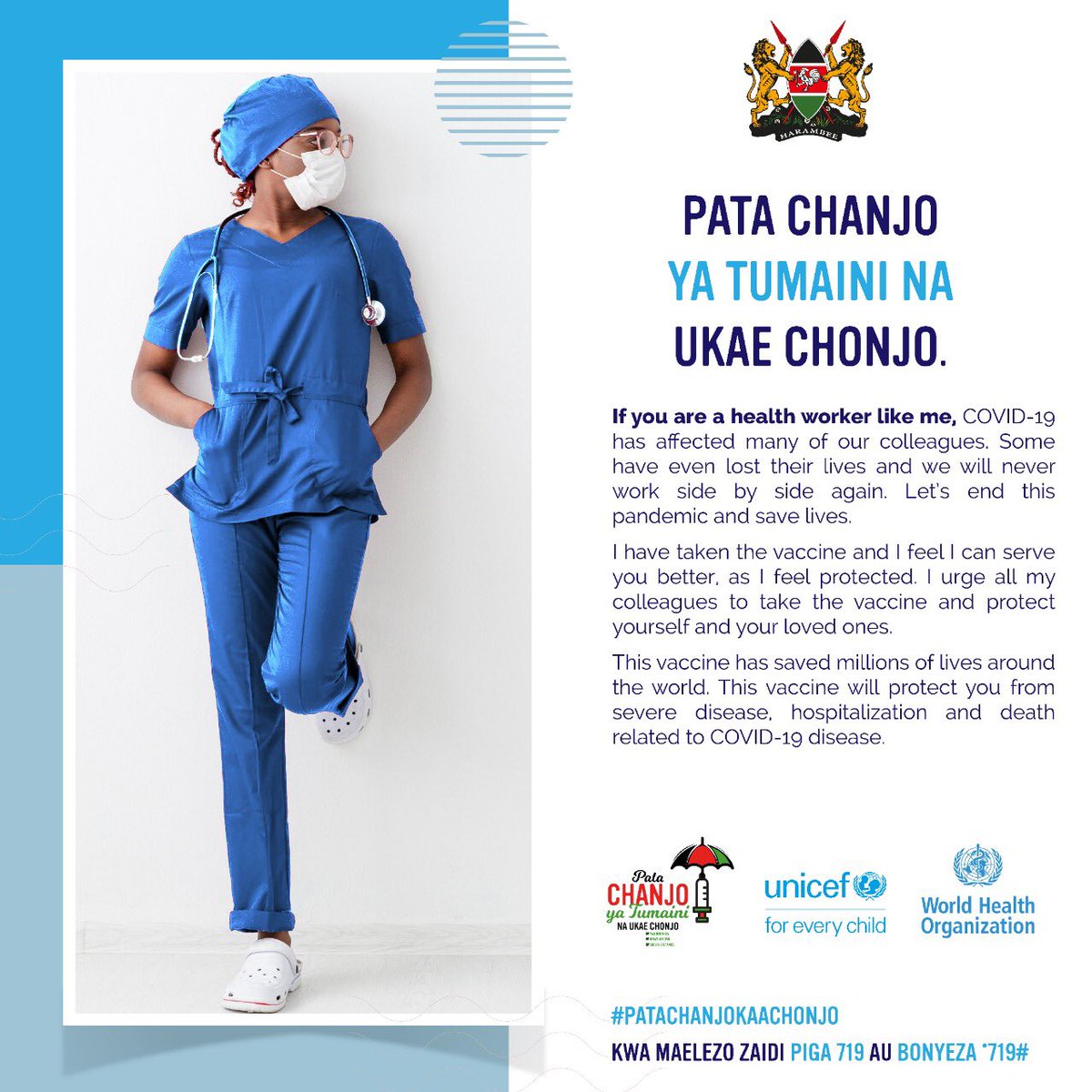 UNICEFKenya's tweet photo. Health workers are among the first to receive the #COVID19 vaccine, to help protect them as they continue their essential work during the pandemic. 

Eligible health workers are encouraged to #GetVaccinated as advised by @MoH_Kenya. 

@WHOKenya https://t.co/VKsykcW5zO