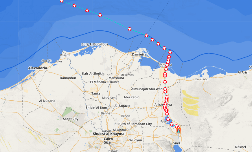 freightflows's tweet photo. Vessel Ever Given is free, has set a course for Rotterdam, and FreightFlows predicts an April 7th arrival (barring any safety checks), though she is still reporting ETA March 30th. #predictions #datascience #maritime https://t.co/crbklofUDL