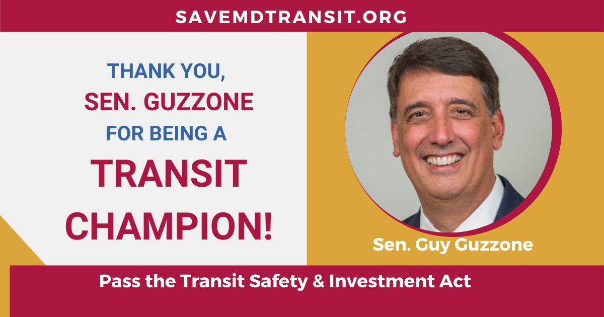 sierraclubmd's tweet photo. Thank you, Senator @GuyGuzzone for supporting the Transit Safety & Investment Act. Safe and reliable transit reduces harmful pollution & is critical for people to access jobs, education, healthcare, & recreation. #SaveMDTransit #FundMDTransit https://t.co/r3Z7i2CBPn