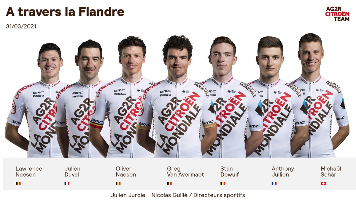 decathloncmacgm's tweet photo. 🇧🇪 @DwarsdrVlaander 
🗓 31/03 

🇧🇪 @GregVanAvermaet 
🇧🇪 @OliverNaesen 
🇨🇭 @michaelschaer 
🇫🇷 @DuvalJulien27 
🇧🇪 @LawrNaesen 
🇧🇪 @Stan_Dewulf1 
🇫🇷 @jullien_anthony 

#AG2RCITROËNTEAM #RoulonsAutrement #RideDifferently #DDV21 https://t.co/YAqstruxMm