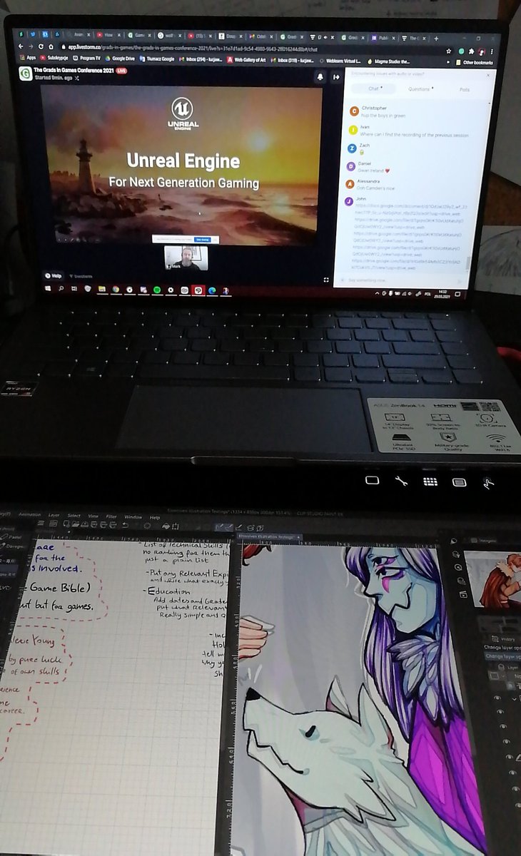 ChiyoKyokane's tweet photo. Multitasking so much right now, listening to #GiGConf21, taking notes and drawing stuff for a uni project. https://t.co/R7kwdB9Ip7