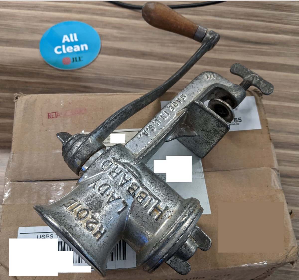 petersilberman's tweet photo. I received 2 gifts from our friends at @GreyNoiseIO, a very nice t-shirt and a 2nd unexpected gift from the creative genius @Andrew___Morris Pictured ⬇️ is an antique meat grinder. A truly brilliant/unexpected gift. Thank you! https://t.co/DvQVIKO3fX
