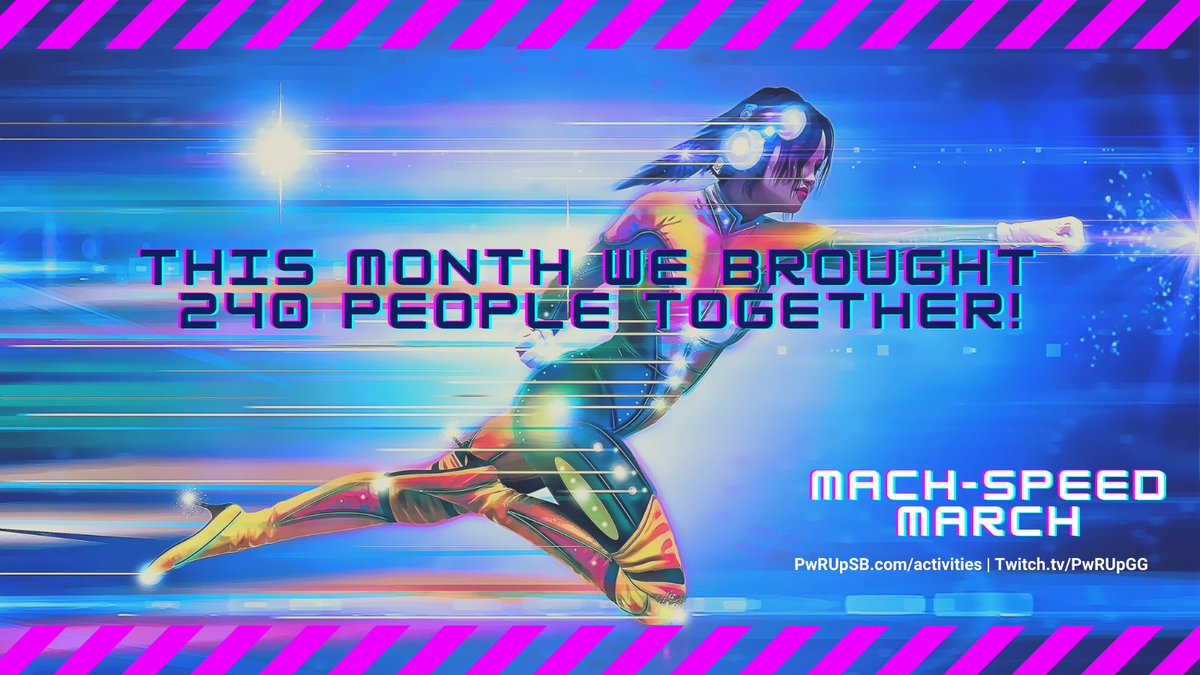 PwrUpCon's tweet photo. Mach-Speed March was a success: our event brought 240 people together over the month & introduced them to 4 different speed running communities! Thank you to our racers, supporters, & big shout-out to @SableDragonRook for helping make this happen. #MachSpeedMarch #GameOn https://t.co/jqW3RBCI80