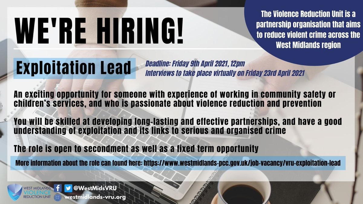 WestMidsVRP's tweet image. JOB OPPORTUNITY: We’re looking for an Exploitation Lead to join our team on a fixed term contract or secondment

Deadline: 9th April, 12pm 

For more information, please visit: bit.ly/3lXJlNe