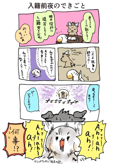 入籍前夜のこと。この時、ニュースで夫婦別姓の特集とか報道してて、いろいろ不安になってた気がします。
主に私がだいたい暴れてた。 