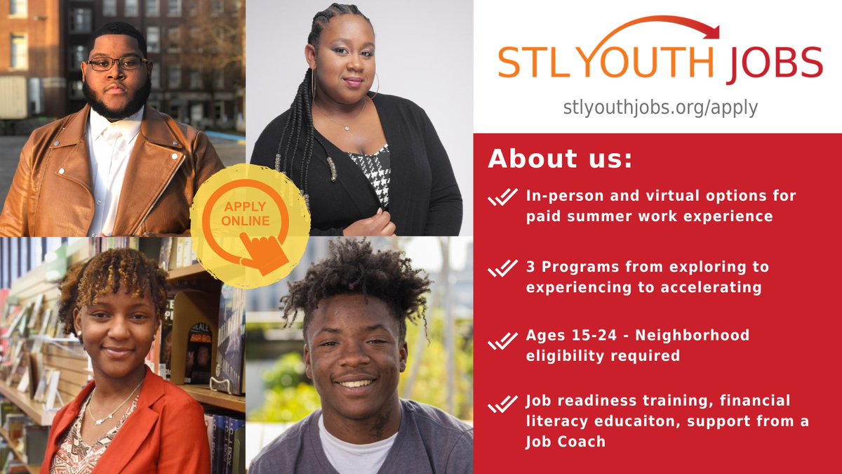 StlYouthJobs's tweet photo. Do you know a young person seeking a paid summer work experience? Help spread the word and encourage them to apply before spots are filled. https://t.co/M9pCVjKSXy
#summerjobs #stlyouthjobs #stlsummer #summerstl #stlouis #jobs #stl #2021 #applicationsopen #youthjobs #youth https://t.co/fPYJbMNMS3