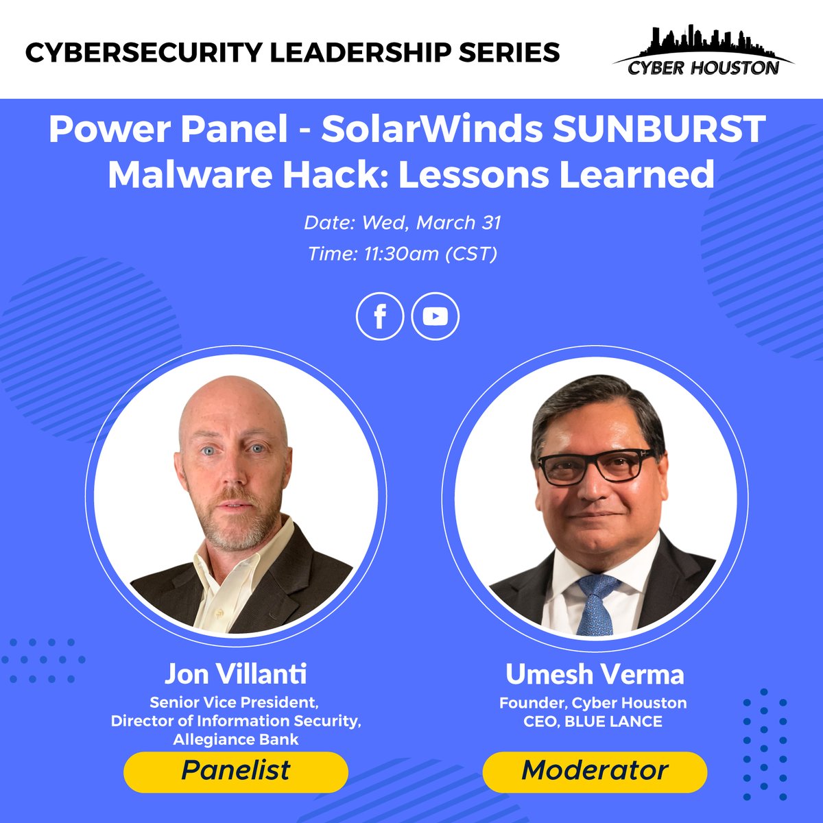 Join us March 31 @ 11:30am CT   
Live Power Panel-SolarWinds SUNBURST Malware Hack: Lessons Learned

Speaker <a href="/houston_jon/">Jon Houston</a>  &amp; Host <a href="/UmeshVermaNum1/">Umesh Verma</a> 

Register 4 free: ow.ly/Gp4S50E2KMN

Watch here 
ow.ly/kTaC50E2KMO

#cyberhouston  #cybersecurity #ransomware  #malware