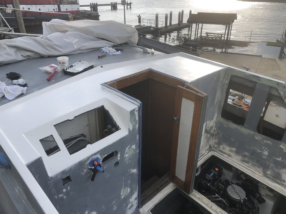 Thisoldhatteras's tweet photo. @PuppyDumb &amp; I got the first coat of @Awlgrip down on the helm top of @Thisoldhatteras. Next we sand it down and do it again. #hatterday #mondaythoughts #MondayMotivaton #EVERGIVEN #BeerOClock #Florida #thisoldhatteras #MadeinUSA #builtnotbought #DIY @NFMS14 https://t.co/inavaSF0T8