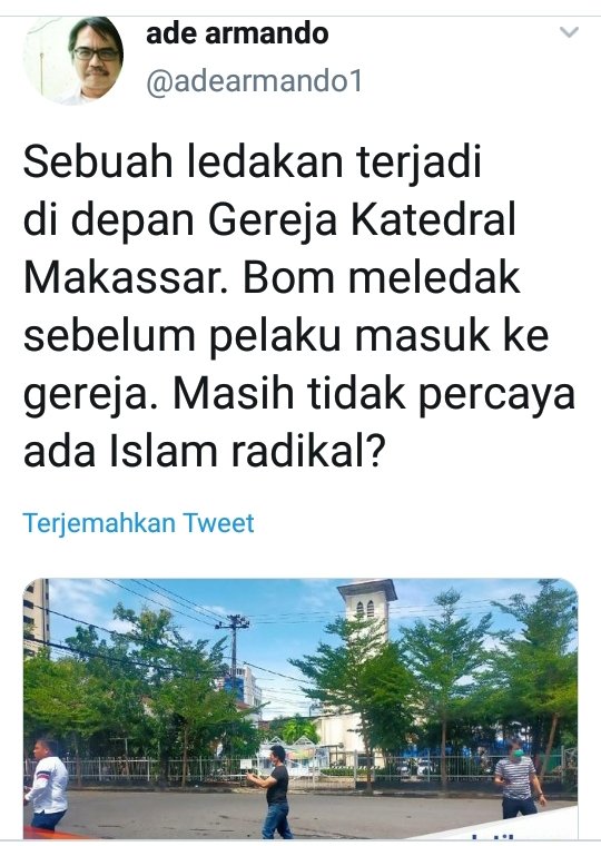 pesonalami's tweet photo. Masih aja ada yg percaya sm omongan kosong manusia yg satu ini. 
Sdh jelas2 Menkopolhukam MMD lewat pers rilisnya mengatakan tdk ada kaitan teror bom di Gereja Katedral Makasar dgn agama tertentu masih aja ngecap memancing amarah anak bangsa yg bs menimbulkan perpecahan.. https://t.co/DzhF0VCkE0