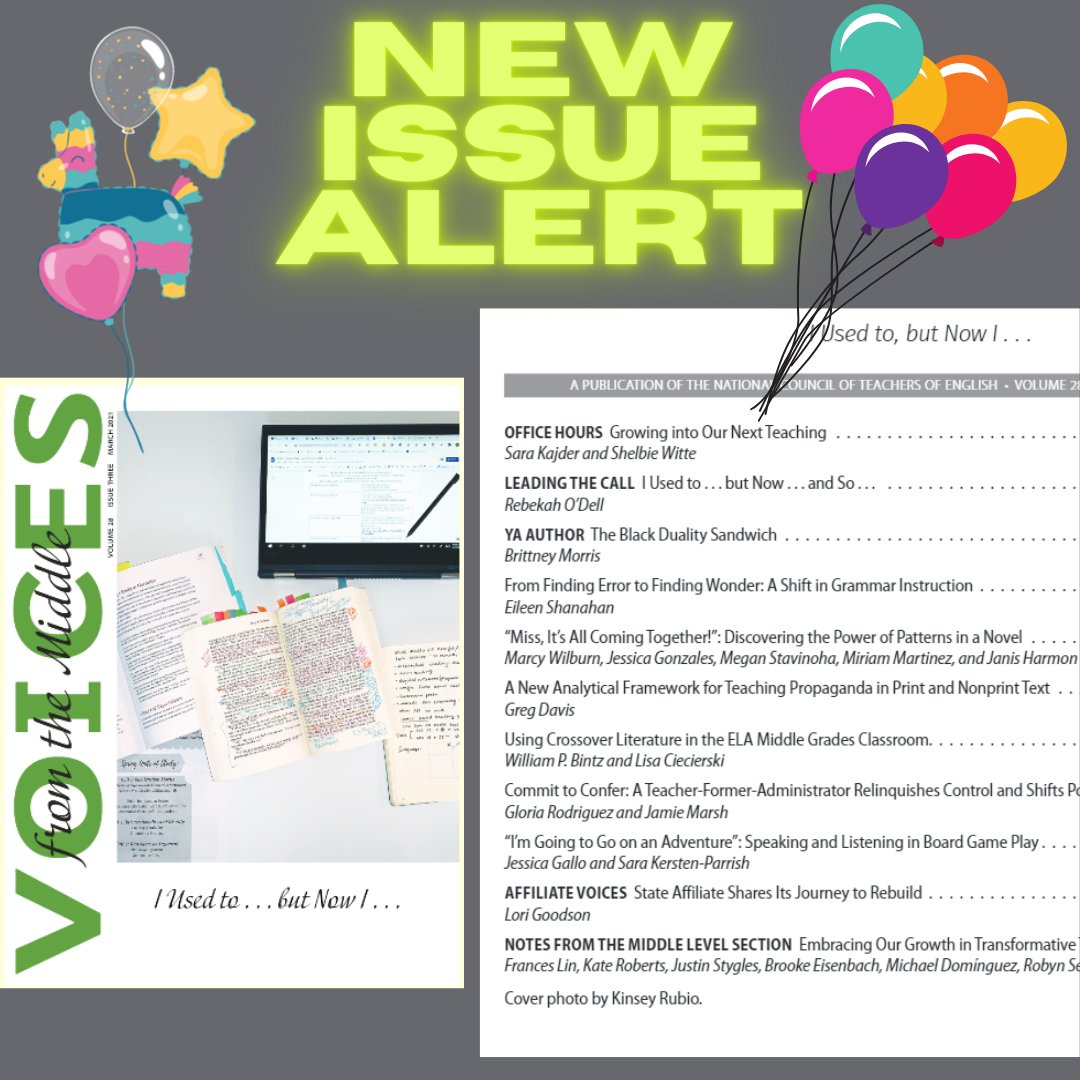 The latest issue of Voices from the Middle has officially gone live!  Every day this week and next we will showcase a new article from the newest issue.  To check out all of the latest articles go to library.ncte.org/journals/VM/is…