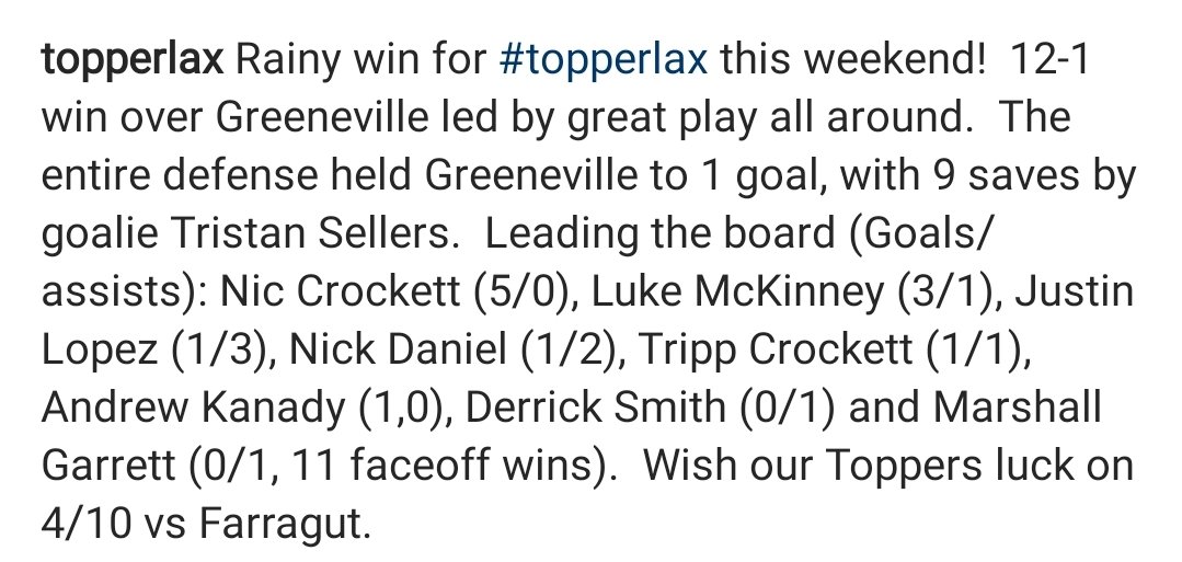 Rainy win for #topperlax this weekend! 12-1 win over Greeneville led by great play all around. @SHHS_JCS