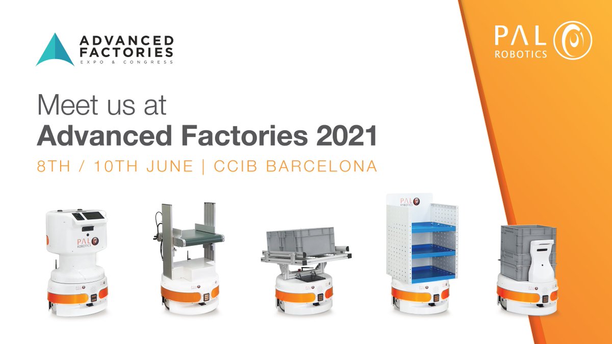 PALRobotics's tweet photo. Excited to be joining again the annual @AdvanFactories event in #Barcelona! During event we will introduce you to our industry solutions: TIAGo Base configurations, including use-case in EU project #SIMBIOTS, and StockBot. See you there on the June 8-10!
#Robot #tech #event https://t.co/hciIx5O1PH