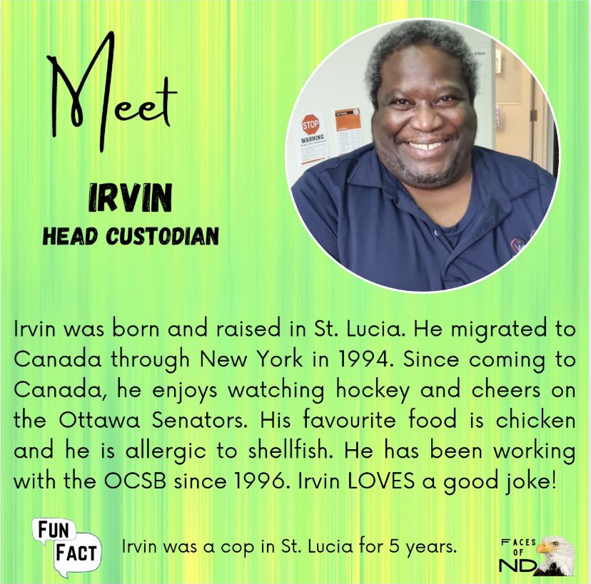 NotreDameOCSB's tweet photo. We are kicking off our Faces of ND series with our beloved Head Custodian, Irvin. ❤
When you see him in the hallway, wave and say hello! 👋🏼
Let us know who you'd like to see next in the series by commenting down below! 👇🏾#ThisIsND  #ocsb #FacesofND @ottcatholicsb https://t.co/xAxnvfszgq