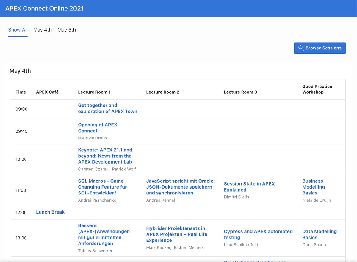 Niels de Bruijn 🌍 (@nielsdb) on Twitter photo Want to see a nice low-code example of what you can do with REST Data Sources? Have a look at our conference schedule for APEX Connect Online 2021.
Built with ♥️ by @cczarski. bit.ly/apexconn21 <a href="/DOAGeV/">DOAG e.V.</a> <a href="/DOAGDev/">DOAG Development</a> #apexconn21 apex.doag.org #orclapex <a href="/OracleAPEX/">Oracle APEX</a> Want to see a nice low-code example of what you can do with REST Data Sources? Have a look at our conference schedule for APEX Connect Online 2021.
Built with ♥️ by @cczarski. bit.ly/apexconn21 <a href="/DOAGeV/">DOAG e.V.</a> <a href="/DOAGDev/">DOAG Development</a> #apexconn21 apex.doag.org #orclapex <a href="/OracleAPEX/">Oracle APEX</a>