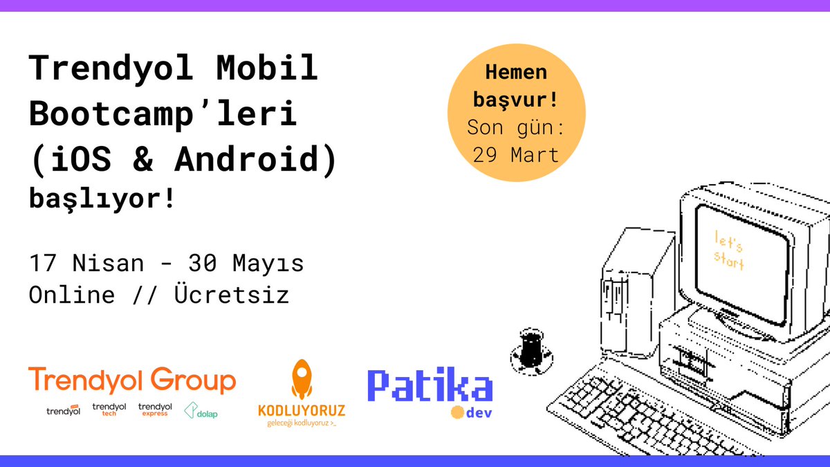 patika_dev's tweet photo. Trendyol Mobil (iOS &amp; Android) Bootcamp’i 17 Nisan’da başlıyor!

Bootcamp 6 haftalık ücretsiz bir eğitim sunuyor ve başarılı öğrenciler Trendyol Tech ekibinde çalışma fırsatı yakalıyor🚀

Detaylar ve başvuru için: https://t.co/GpVMBYOsMn

#Trendyol #TrendyolTech #tech #bootcamp https://t.co/mxhFzdVl38