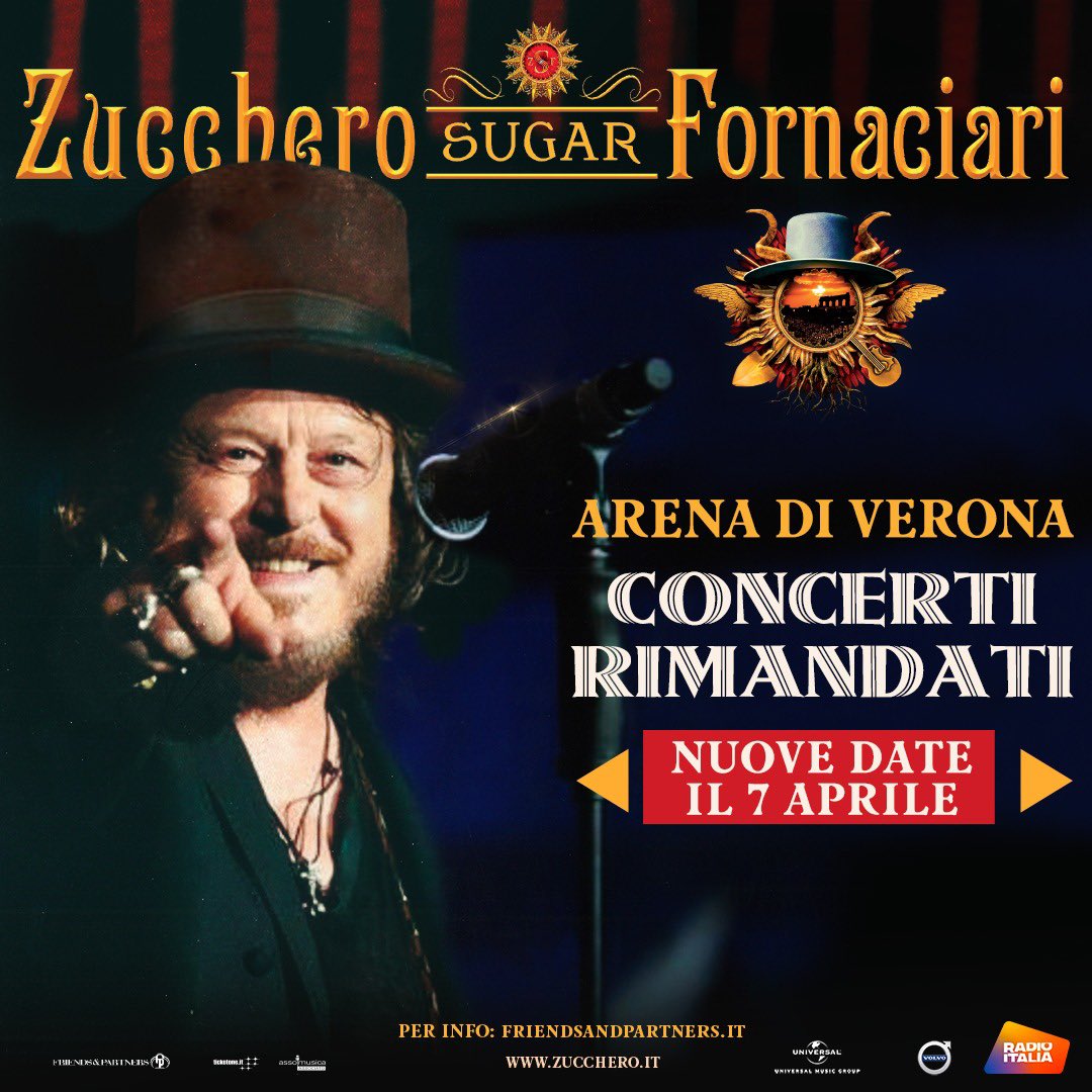 ZuccheroSugar's tweet photo. I 14 concerti all’Arena di Verona sono rinviati. Le nuove date saranno comunicate il 7 aprile.
➡️https://t.co/Slsq7oWUhS
#DOCWorldTour #DOC #ZuccheroDOC @fepgrouplive https://t.co/P861QSvggL