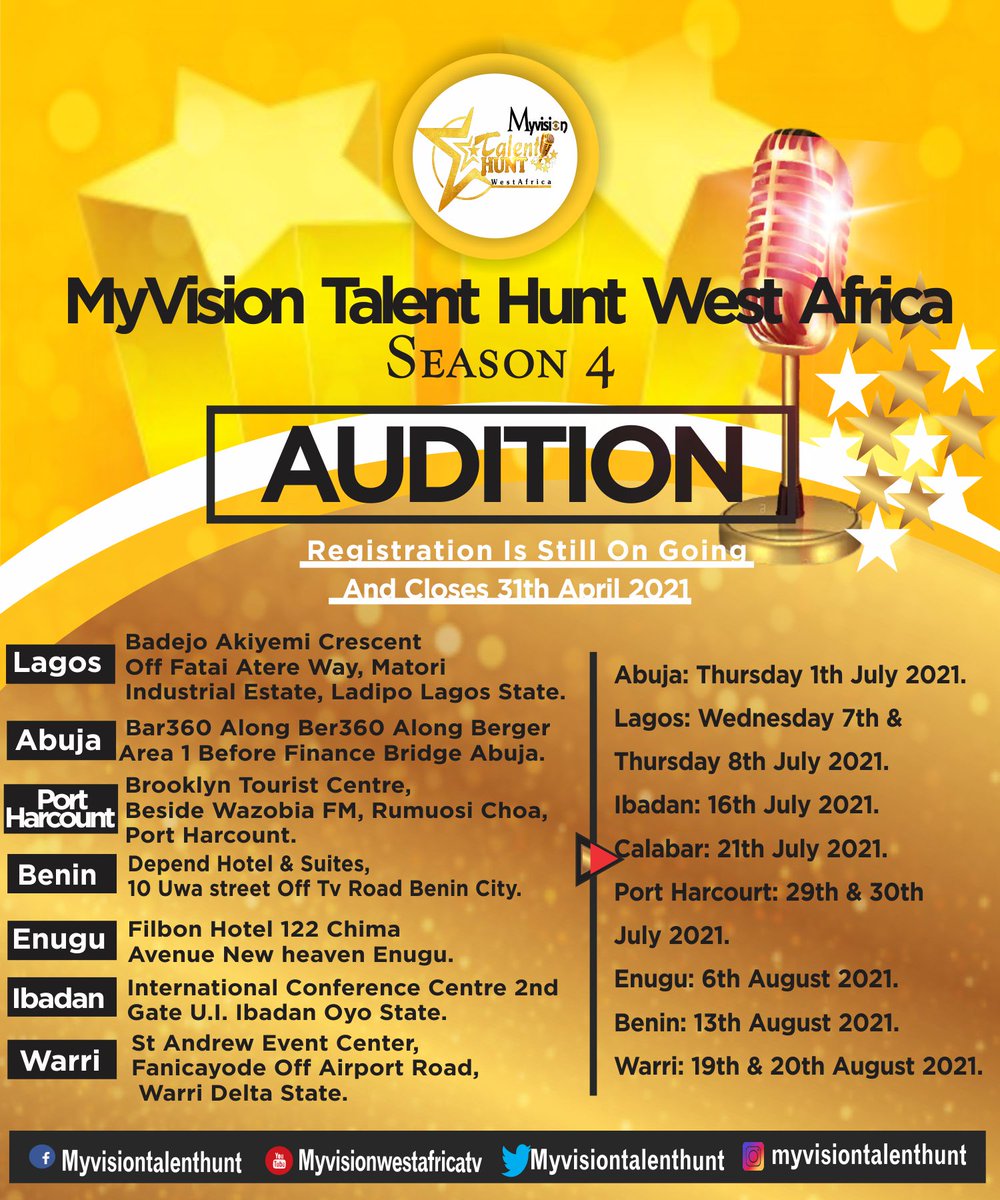 MyVisionTalent's tweet photo. MYVISION TALENT HUNT WESTAFRICA SEASON 4 AUDICTIONS

To participate kindly register https://t.co/TO83S8Skw1