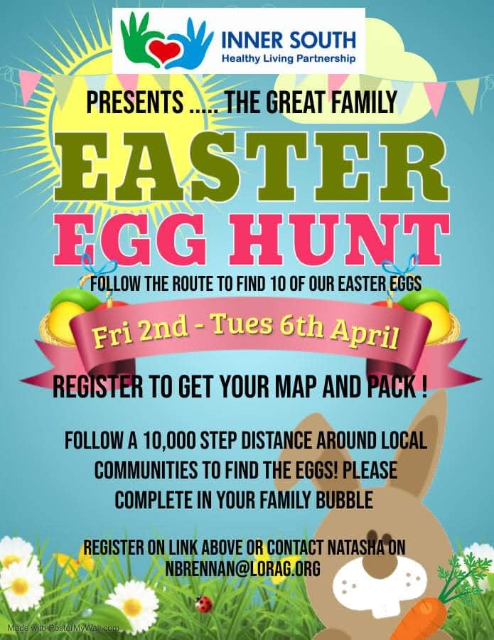 Inner South Health Project brings you The GREAT FAMILY EASTER EGG HUNT!

If you live in Donegall Pass, Market or Lower Ormeau register now on link below! All registrations will recieve a pack, map &amp; Easter Egg on Friday
Registration closes Wednesday @ 8pm 
forms.office.com/Pages/Response…