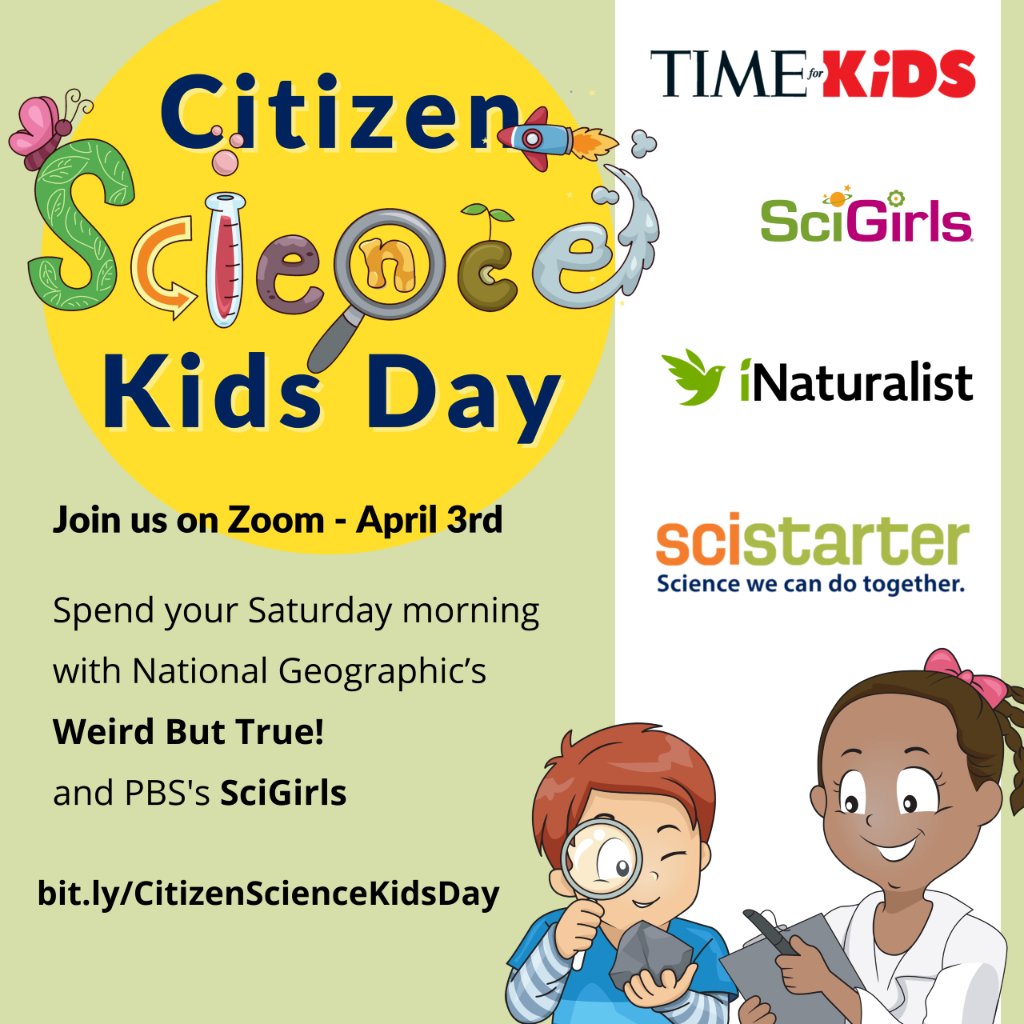 timeforkids's tweet photo. Join us for Citizen Science Kids Day on Saturday, April 3!
Hosted by our very own TFK Kid Reporters. Young scientists can spend their Saturday morning with @NatGeo's “Weird But True!” and PBS’s @SciGirls.
Learn more: https://t.co/sg3Lozk89n https://t.co/z2W3DJAqIn