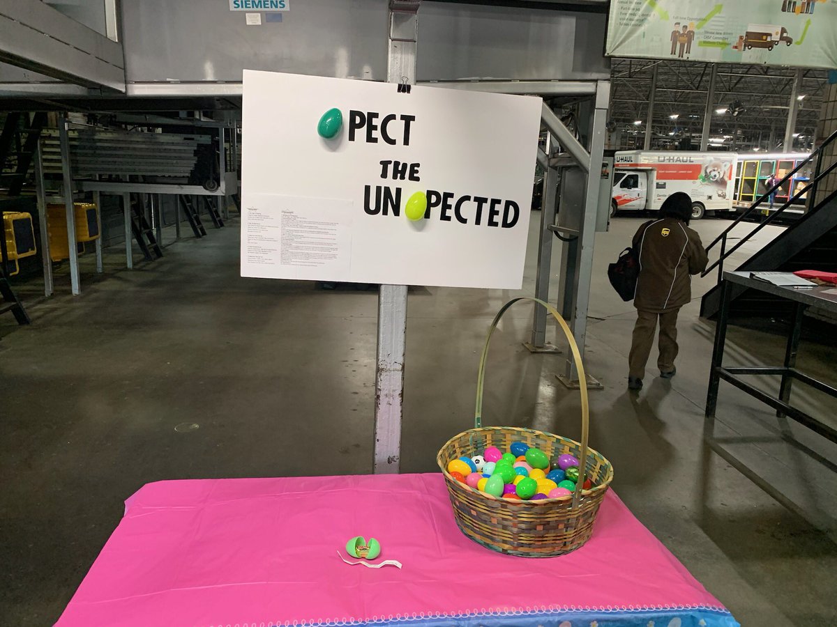 Garland Center setting the tone for Monday:  Expect the Unexpected using Easter Theme!  Take and egg what is inside?<a href="/Garcia_Raphael1/">Raphael</a> <a href="/KristyWork/">Kristy Berry</a> @TerriGates12