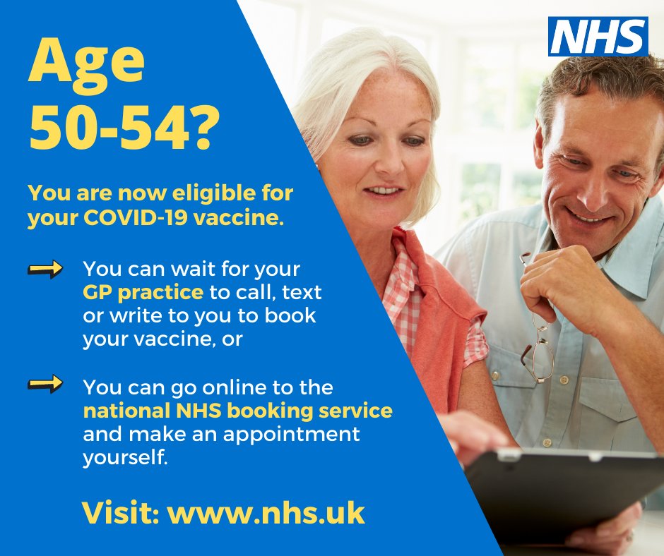 Over 50? Haven't had the vaccine yet? 

You can now go online to the national NHS booking service and make yourself an appointment 💻👍

Find out here if you are eligible for your Covid-19 Vaccination ➡️ nhs.uk/conditions/cor…