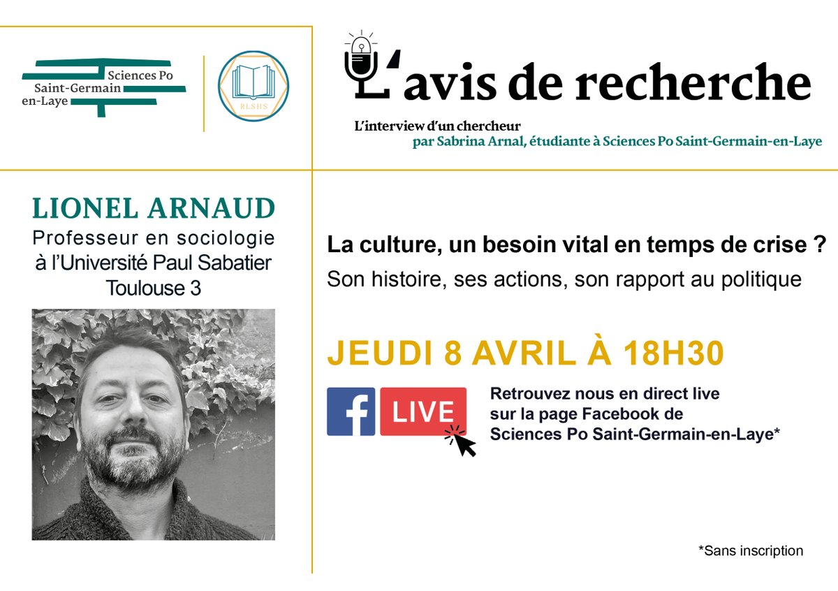 SciencesPoSGL's tweet photo. [Recherche] 🚨Vous l’attendiez avec impatience ! 
📢@SciencesPoSGL &amp; @LibreRevue vous proposent L'AVIS DE RECHERCHE #2. 
👉 L’occasion de parler de #culture en temps de #crise avec notre invité Lionel Arnaud.
🗓️ En live sur le Facebook de @SciencesPoSGL jeudi 8 avril à 18h30 https://t.co/PcnpI27YBs