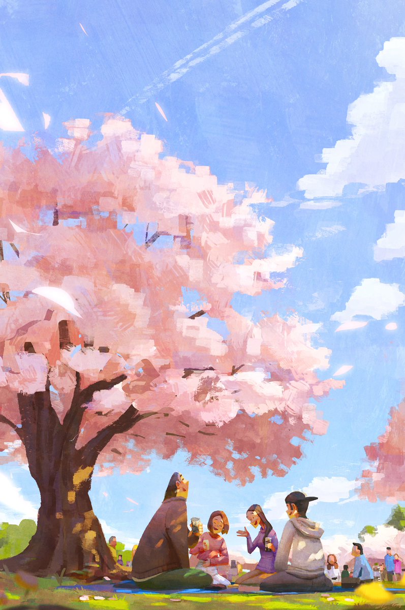 「今日は暖かくて気持ちよかったですねー。来年こそ気兼ねなくお花見できるといいなぁー」|おかちぇけのイラスト