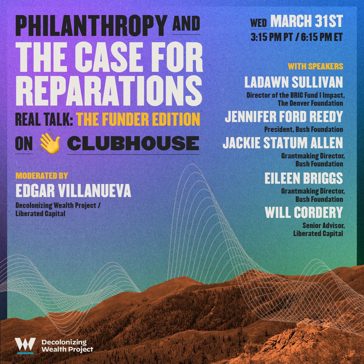 We'll be discussing “Philanthropy &amp; the Case for Reparations” with <a href="/DecolonizWealth/">Decolonizing Wealth Project</a>. Wednesday, Mar 31 at 6:00 PM EDT on <a href="/joinclubhouse/">Follow @Clubhouse</a>. Join us! joinclubhouse.com/event/mywRYANO