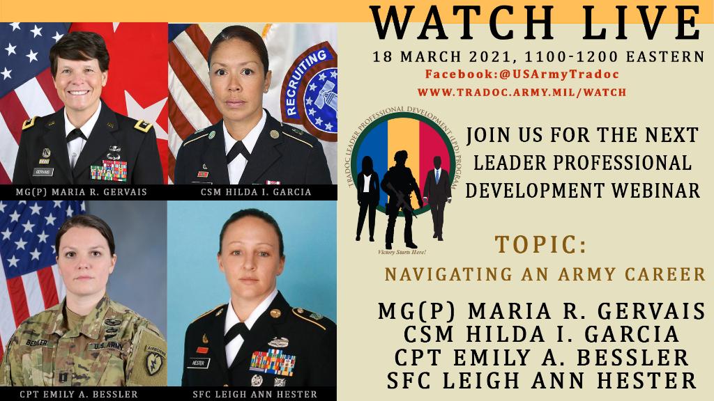 Johnson98474397's tweet photo. Will you be joining @TRADOC for their next LPD? 
They have a fantastic lineup for you with four Soldiers discussing "Navigating an Army Career." 

#PeopleFirst #LeaderDevelopment https://t.co/lcUAULmCoc https://t.co/On2dpKSm2M
