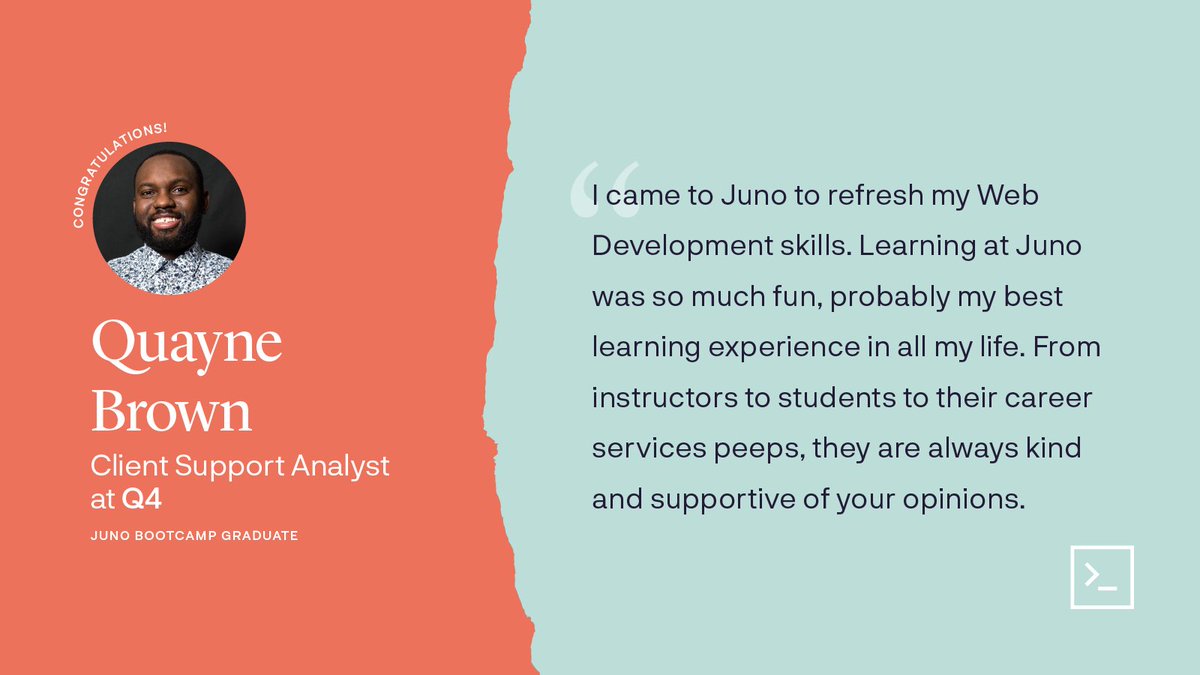 junocollege's tweet image. Congratulations to Juno Bootcamp Grad @CoderQuayne, who starts today as a Client Support Analyst at @q4tweets! 🥳 #Cohort30 #JunoGrads
Learn more about our Web Development Bootcamp: go.junocollege.com/tw-bootcamp