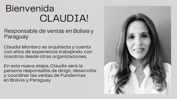 Fundermax_LA's tweet photo. Nos complace anunciarles la incorporación de Claudia Montero a la familia de Fundermax.
Claudia será a partir de ahora la nueva responsable de ventas de Fundermax en Bolivia y Paraguay.
https://t.co/noUuFMFD34
#fundermax #ventas #Felicidades https://t.co/2r406TC2Qe