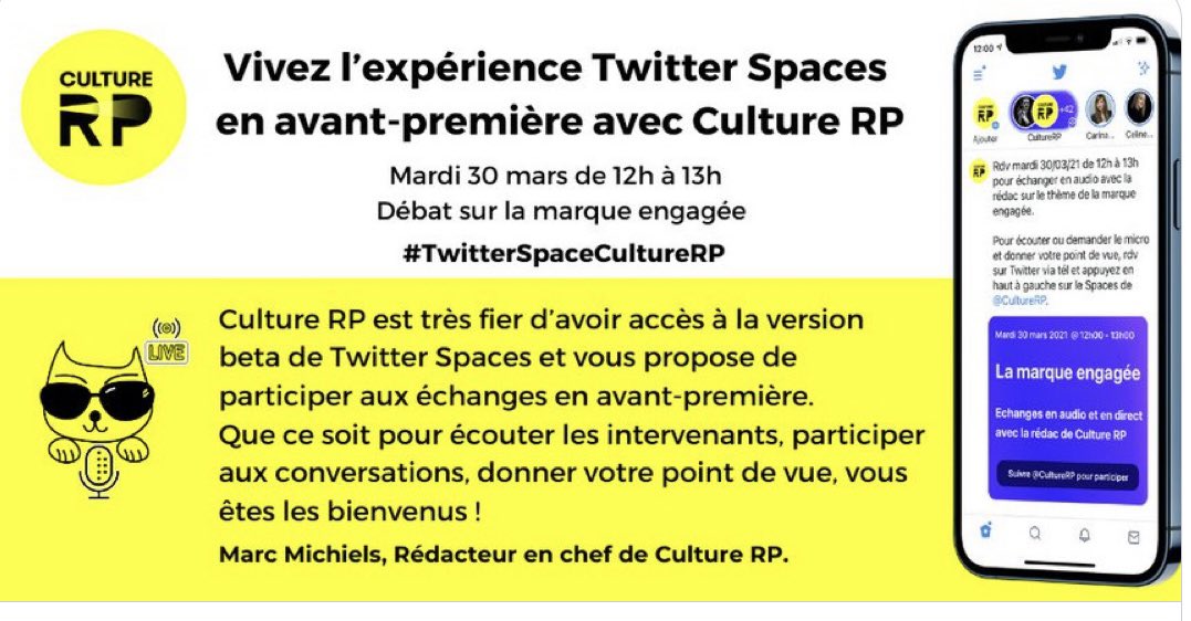 [SAVE THE DATE] 
On se donne rendez-vous demain à 12h pour parler des « #marques engagées » sur #TwitterSpaces pour la première de @CultureRP ! Je serai en compagnie de <a href="/Michielsmarc/">Michiels Marc</a>, <a href="/PPC/">PPC</a>, <a href="/plaubignat/">Patrice Laubignat</a> <a href="/IsaKurata/">Isa Kurata</a> <a href="/CisionFrance/">Cision France</a> <a href="/CelineBeckrich/">dis Celine💋 Instagram et réseaux sociaux</a> <a href="/CathCervoni/">Catherine Cervoni</a> <a href="/giluzful/">Gilles Reeb</a> <a href="/DGarbous/">David Garbous</a>...