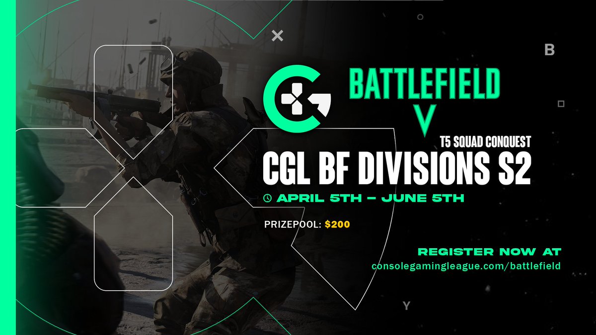 L4urensF's tweet photo. @ConsoleGamingLG @Battlefield Season 2 of the 5v5 Divisions starts on April 5th!
⏲️ APRIL 5TH - JUNE 5TH - 3 Divisions
💰$200
REGISTER BEFORE 03/4 10PM UK IN CGL BF's DISCORD
All information in https://t.co/HD5uzXqmnr
#CGLBF #BFV #Battlefield https://t.co/iQ6tpxVXnE